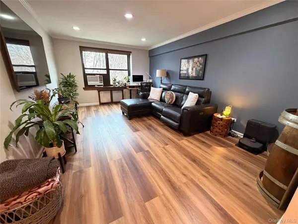 a living room with furniture and a potted plant