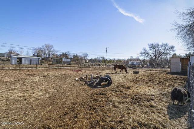 a view of a dry yard with wooden fence