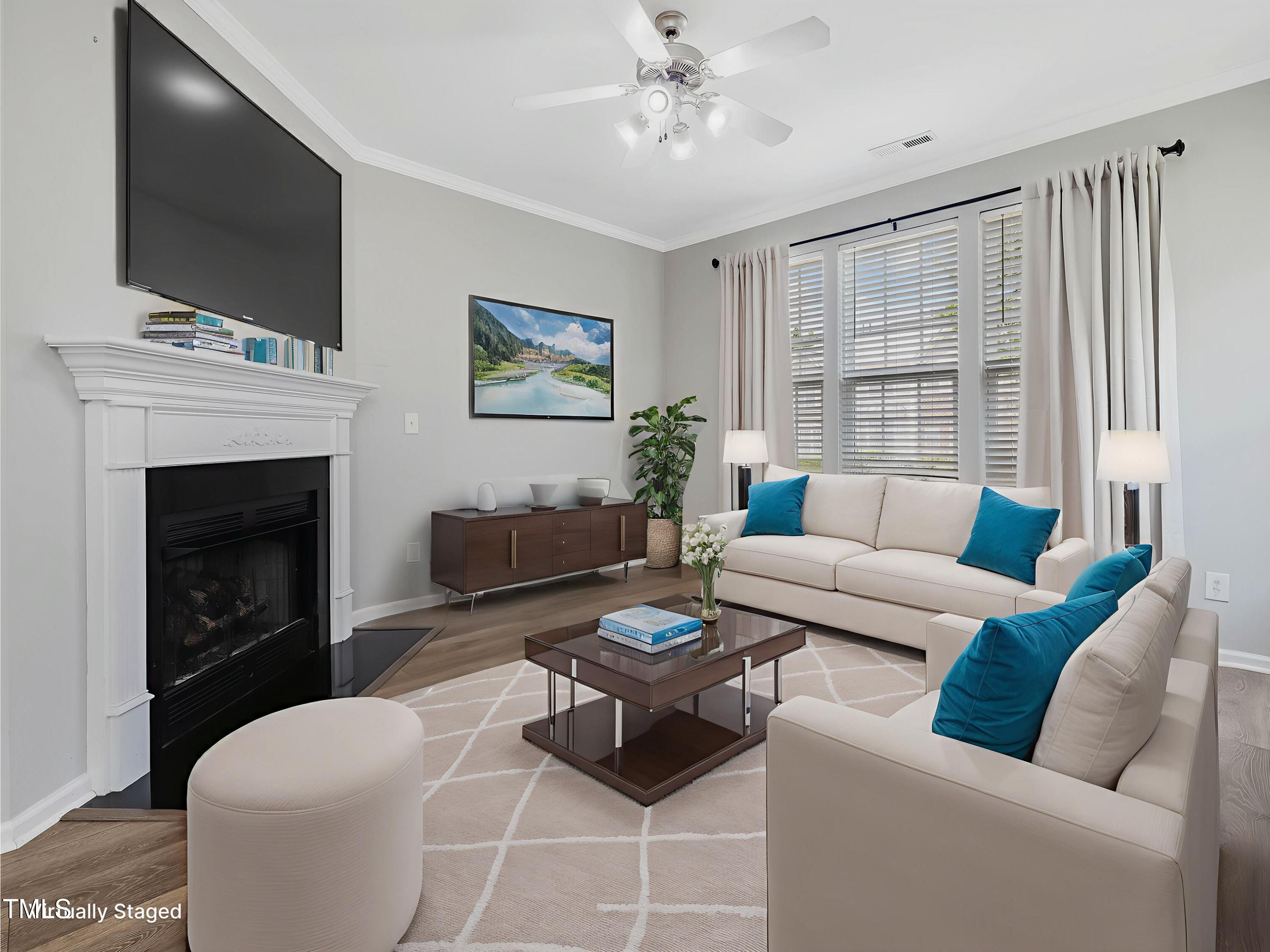 7661 Winners Edge Street Raleigh, NC 27617 - Photo 2 of 13 a living room with furniture a flat screen tv and a fireplace