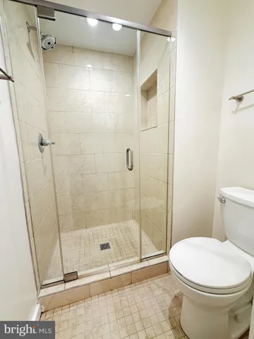 a bathroom with a shower and a toilet