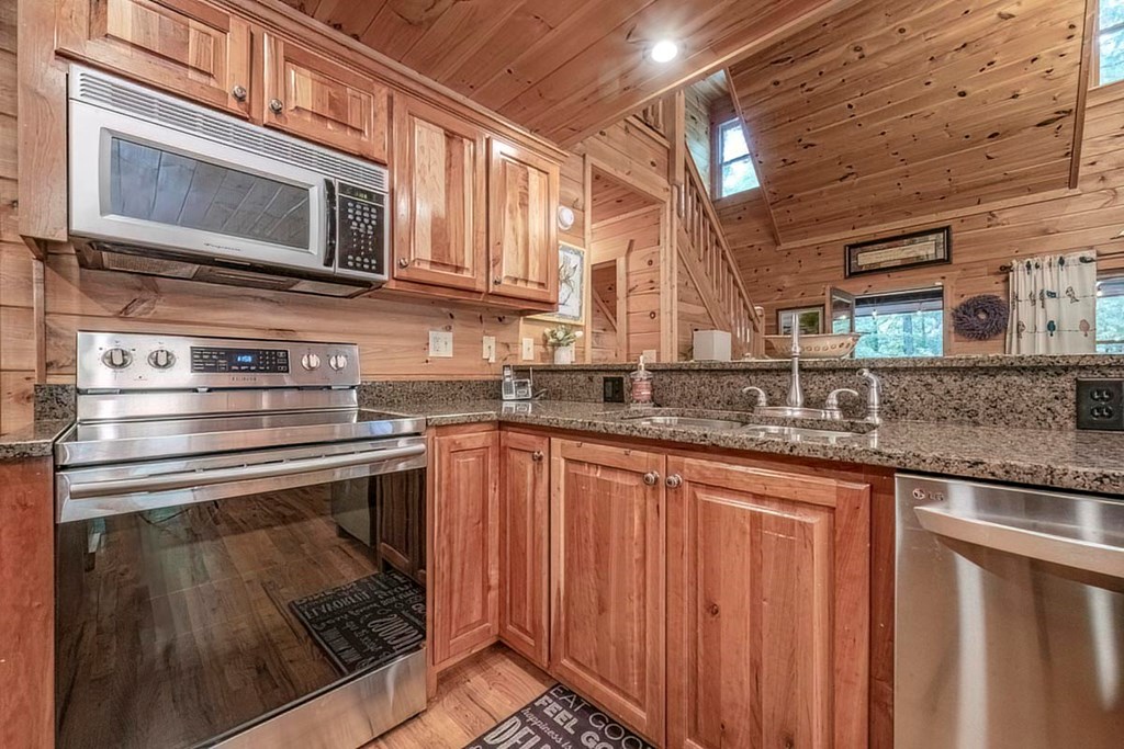 781 Mangum's Trail Blue Ridge, GA 30513 - Photo 12 of 65 a kitchen with stainless steel appliances granite countertop a stove and a microwave