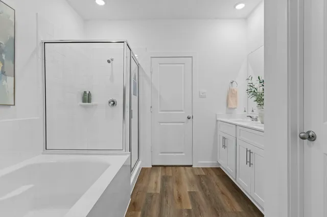 a bathroom with a bathtub shower sink and vanity
