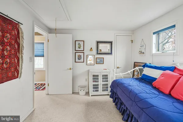 a bedroom with a bed and closet