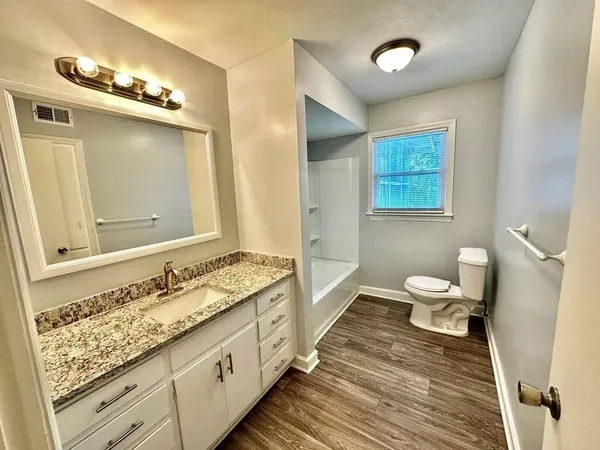a bathroom with a granite countertop double vanity sink and a mirror