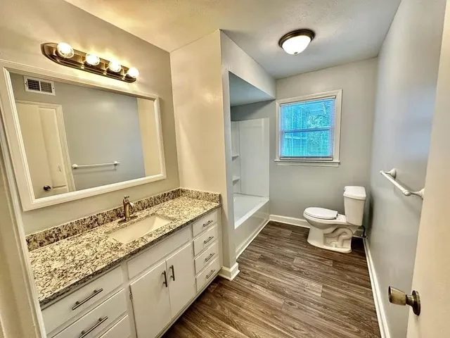 a bathroom with a granite countertop double vanity sink and a mirror