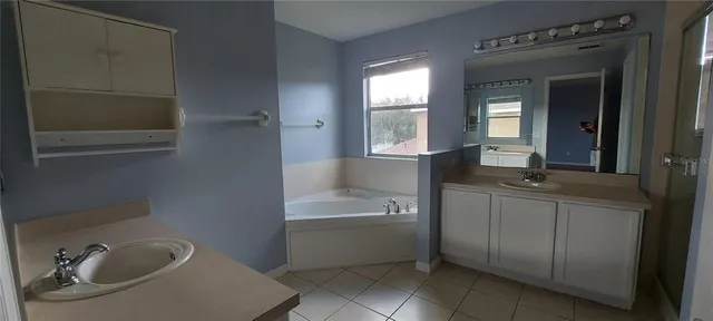 a bathroom with a tub sink and mirror