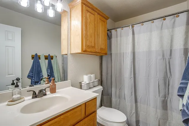 a bathroom with a sink a toilet and shower curtain