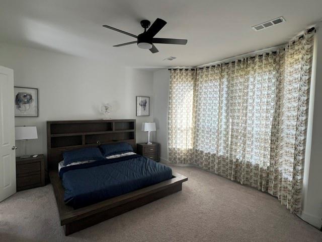 1407 Cartona Road Fate, TX 75087 - Photo 18 of 30 Carpeted interior space featuring a ceiling fan, a wall of patterned window treatments, and white interior walls
