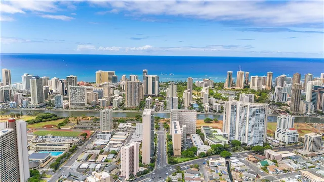 a city view with tall buildings