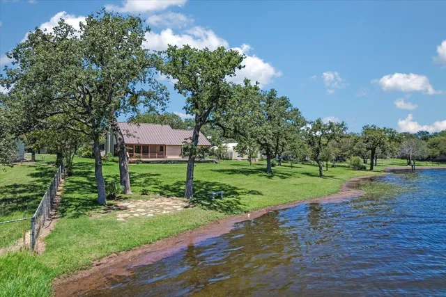 a view of a park with large trees