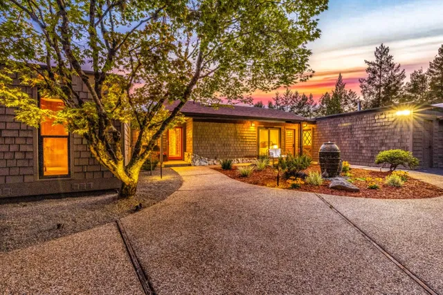 a view of a backyard with table and chairs and a large tree