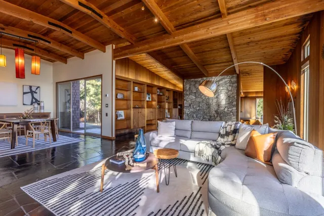 a living room with furniture and a potted plant