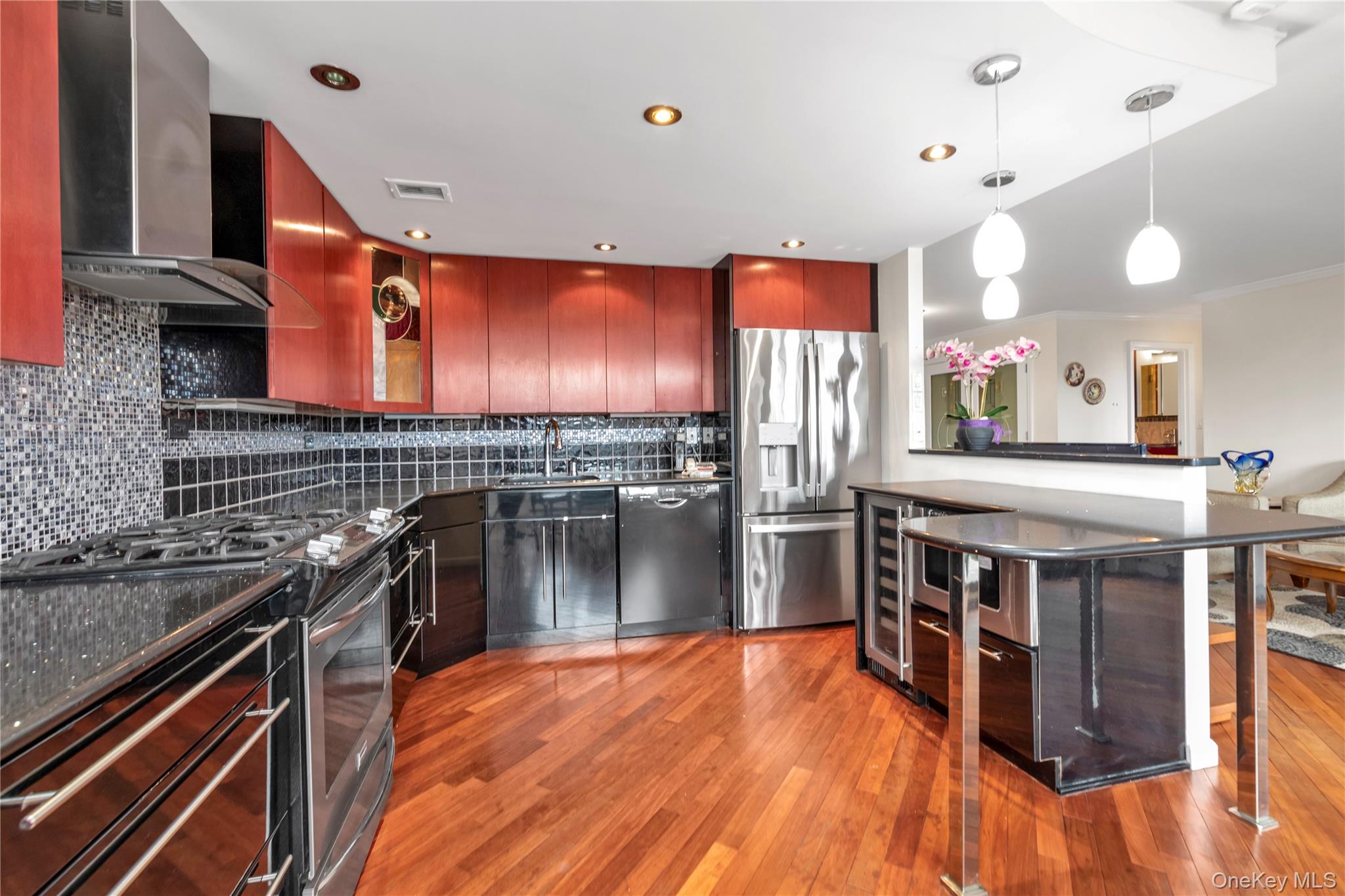 1 Bay Club Drive, Unit 4R Queens, NY 11360 - Photo 9 of 24 a kitchen with stainless steel appliances granite countertop a stove and a wooden floors