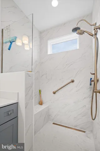 a bathroom with a shower and a sink