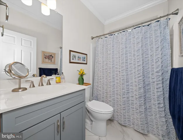 a bathroom with a sink a toilet and shower curtain