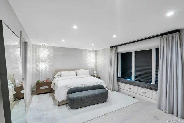 a spacious bedroom with a bed and a large window