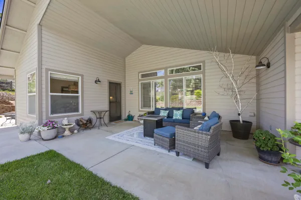 a living room with furniture and potted plants