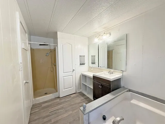 a view of bathroom with a sink mirror and shower