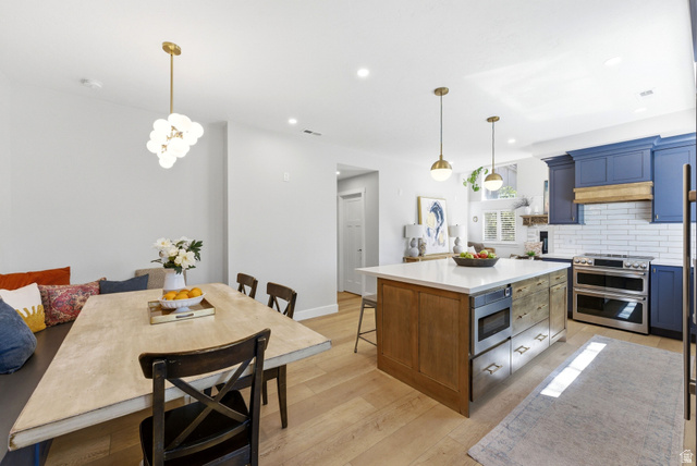 7935 Mustang Loop Road Park City, UT 84098 - Photo 22 of 60 Modern kitchen featuring a central island with a light-toned countertop, integrated microwave, and pendant lighting