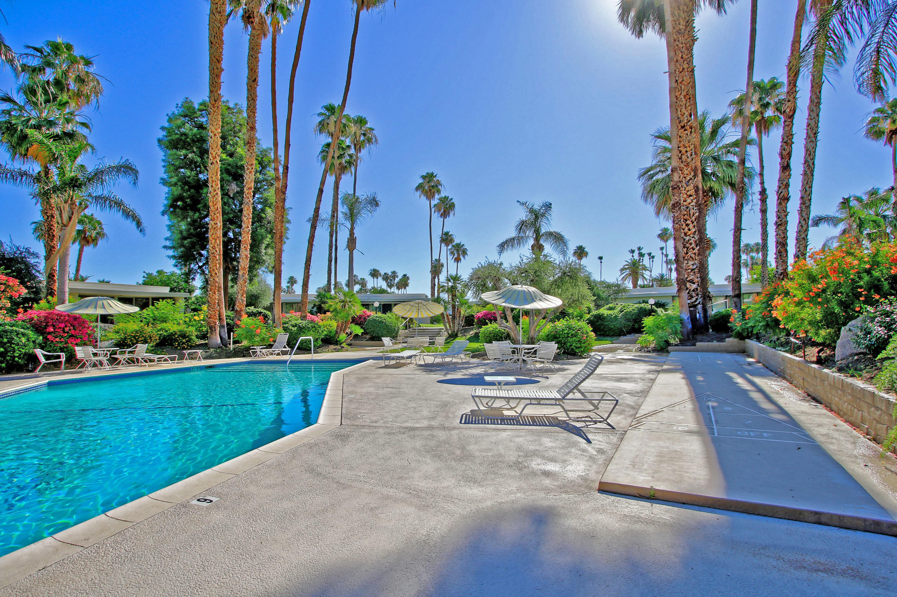 45760 Pawnee Road Indian Wells, CA 92210 - Photo 51 of 56 a view of a garden with a bench and potted plants