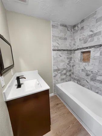 a bathroom with a sink a bathtub and a mirror