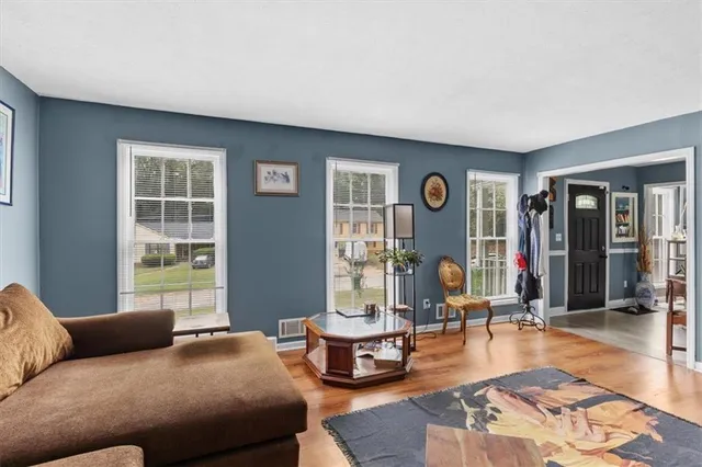 a living room with furniture rug and wooden floor