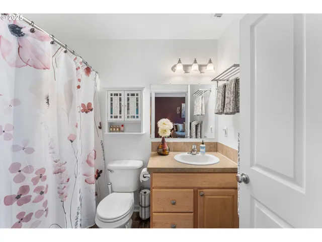 a bathroom with a sink vanity mirror and toilet