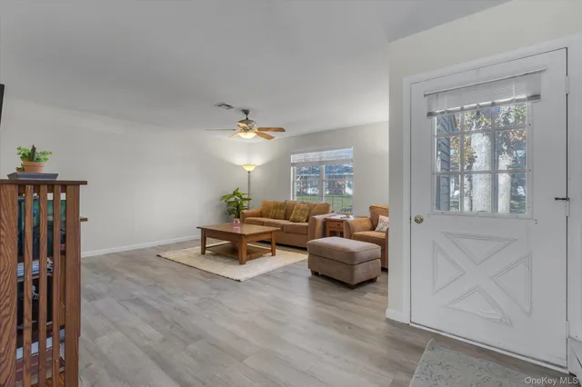 a living room with furniture and a potted plant