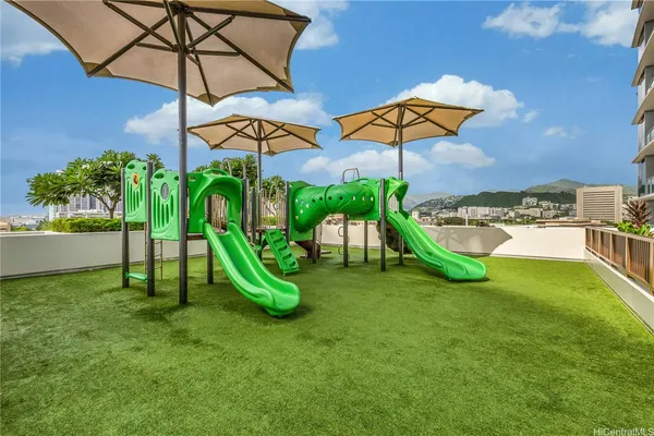 a view of a park with slide