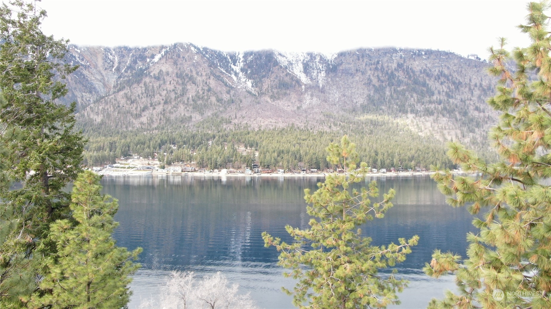 a view of a lake with a mountain in the background