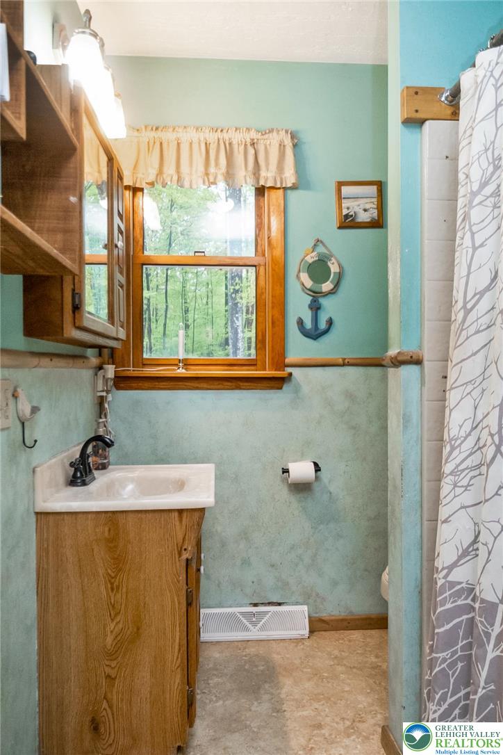 9223 North Loop Road Slatington, PA 18080 - Photo 44 of 60 a bathroom with a granite countertop sink a window and a shower