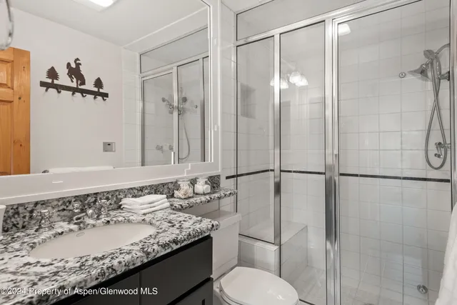 a bathroom with a granite countertop sink toilet and shower
