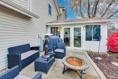 a view of a garden with a tree in the background