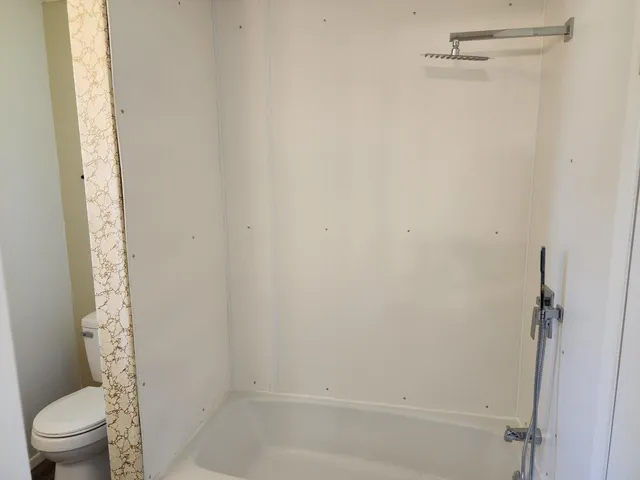 a bathroom with a shower and a toilet