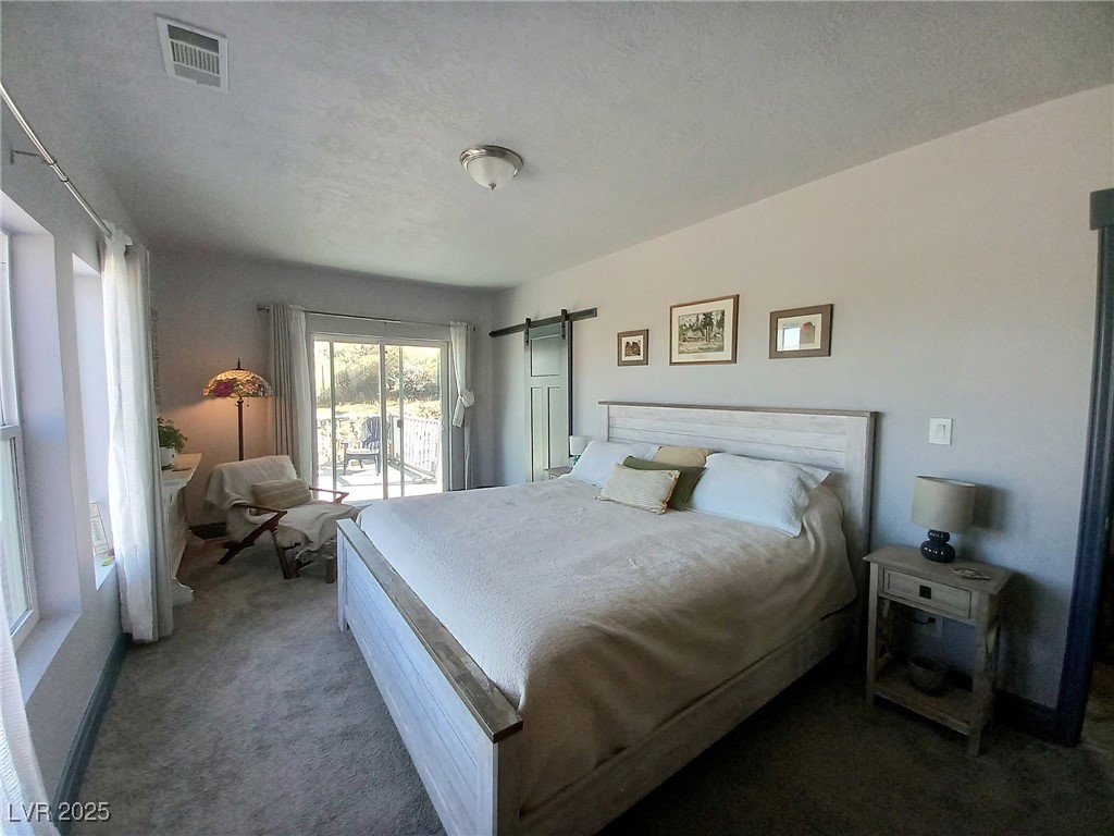 327 High Street Pioche, NV 89043 - Photo 22 of 27 Upstairs Bedroom with a barn door, access to exterior, and carpet floors