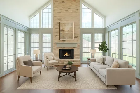 a living room with furniture fireplace and a large window