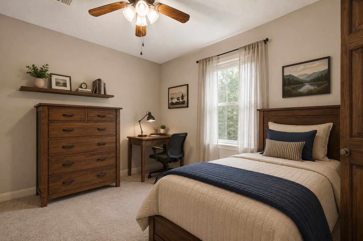 1004 Wagon Road Simonton, TX 77485 - Photo 24 of 40 This versatile secondary bedroom offers plush carpeting, a window that filters in soft natural light, and a closet ready to accommodate your storage needs. Currently used as a home office, the neutral tones and generous layout make it easy to envision as a bedroom, guest room, or creative space. (Virtually staged)