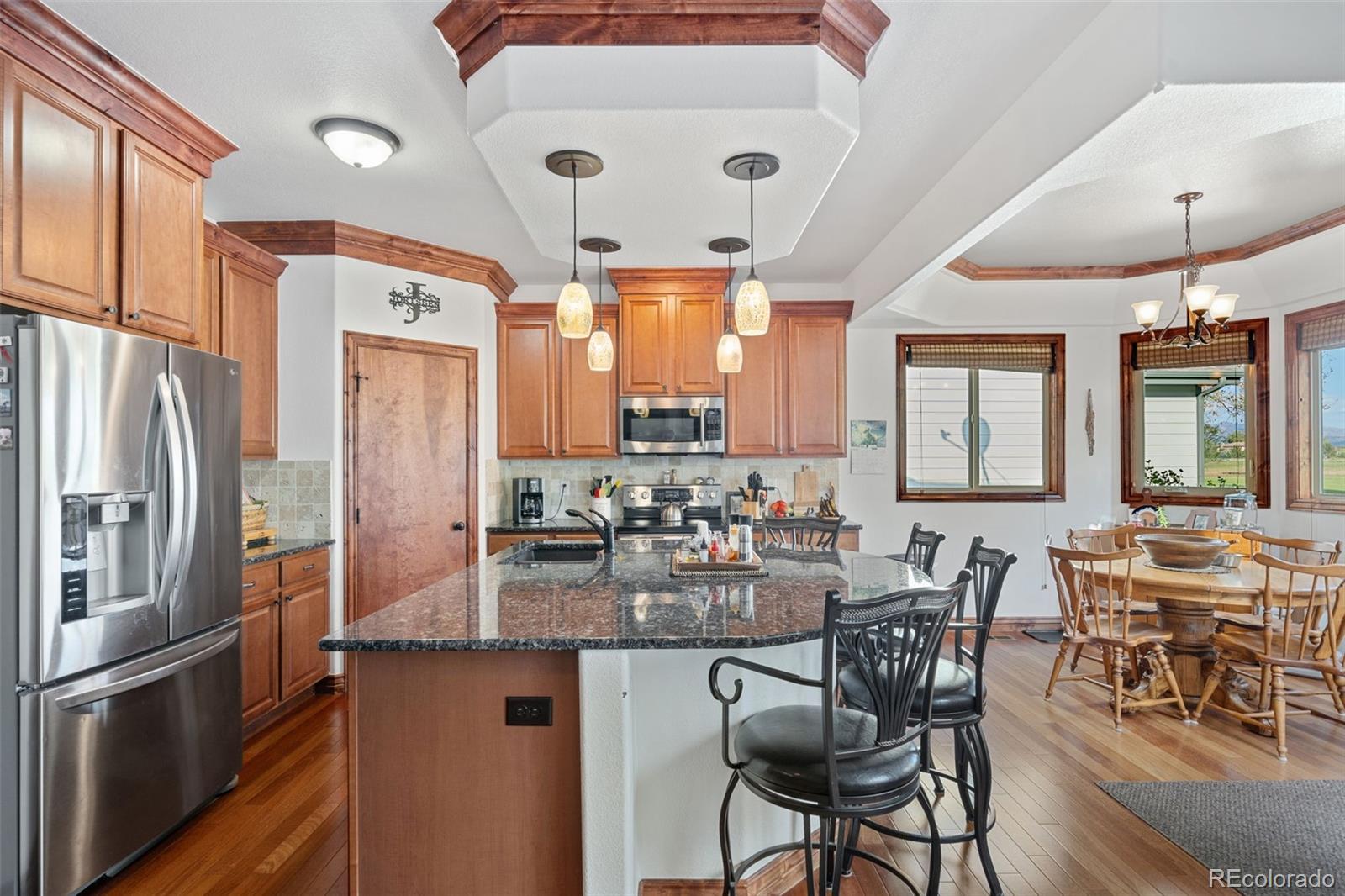 1731 Wales Drive Berthoud, CO 80513 - Photo 9 of 36 a kitchen with granite countertop a dining table chairs stainless steel appliances and cabinets