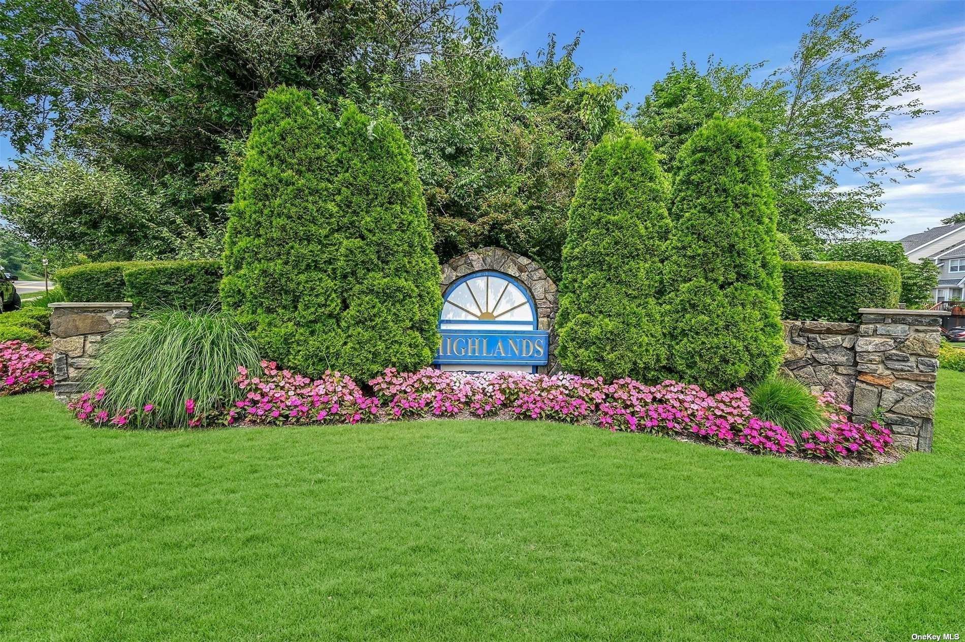 a view of a garden with flowers and trees