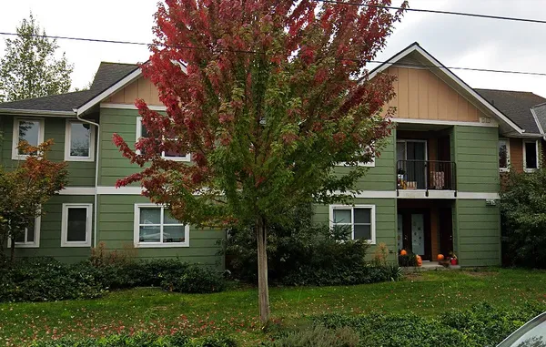 a front view of a house with a yard and trees
