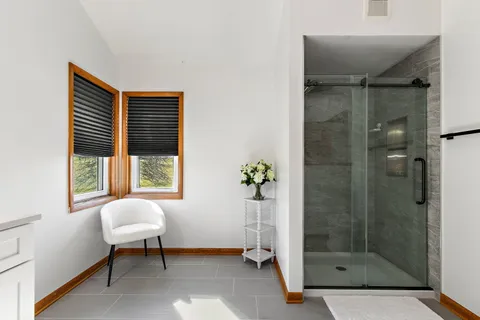 a bathroom with a shower and a window
