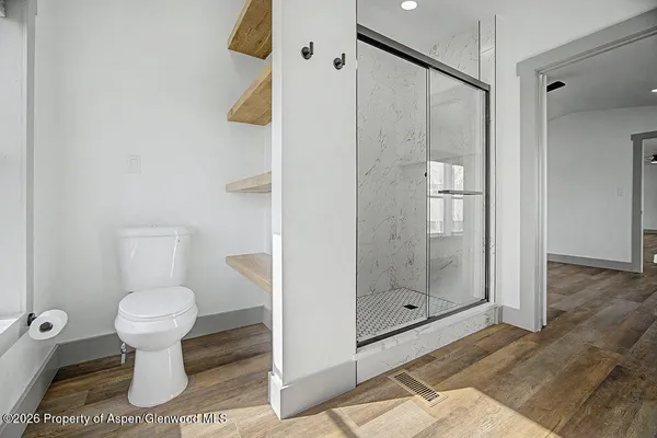 a bathroom with a toilet and a shower