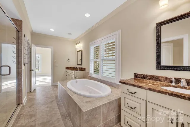 a bathroom with a tub shower and sink