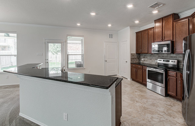 1237 Volente Lane Leander, TX 78641 - Photo 18 of 22 An open kitchen design features sleek granite countertops and modern stainless steel appliances.
