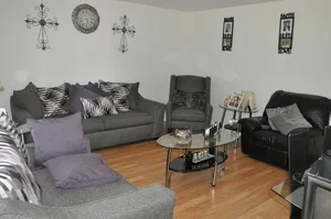 a living room with furniture rug and wall painting