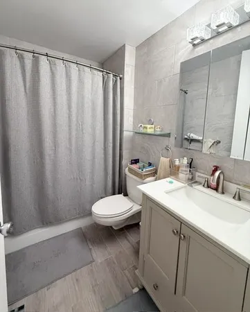 a bathroom with a sink a toilet and mirror