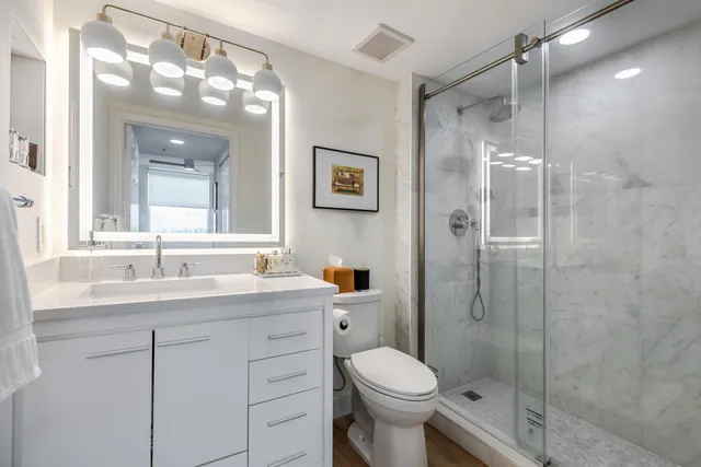 a bathroom with a toilet a sink a glass door a shower a mirror and vanity