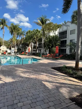 a view of a backyard with plants and a patio