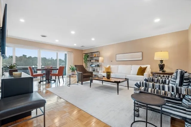 a living room with furniture a rug and a potted plant