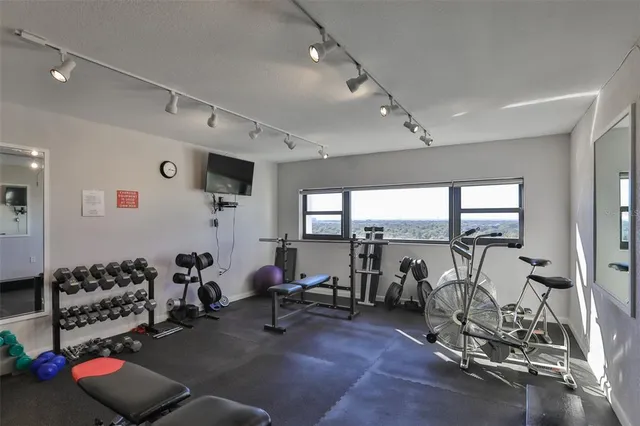 a view of a room with gym equipment